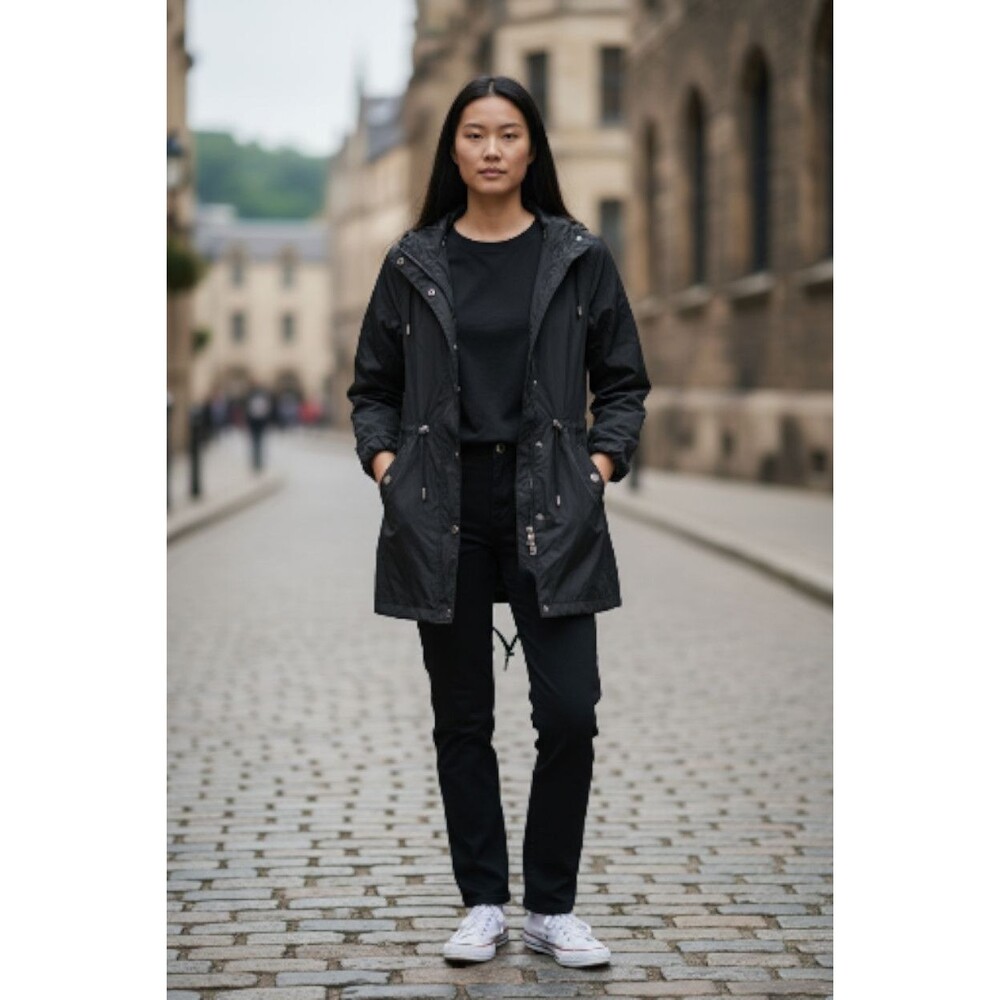 Time & Tru Women’s Black Hooded Rain Jacket Coat Size M Lightweight